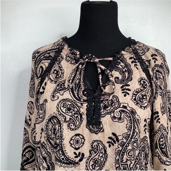 Knox Rose Paisley Boho Peasant Blouse Women’s M Tan Black Balloon Sleeve - Picture 2 of 12